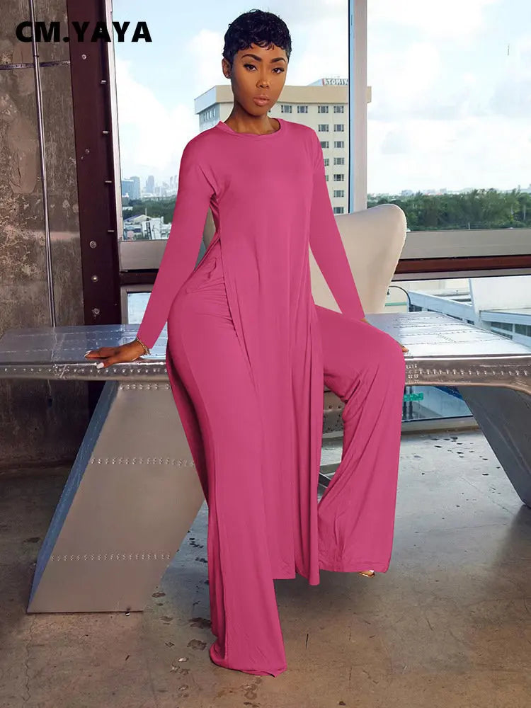 CM.YAYA Solid Classic Women's Set Long Sleeve High Slit X-long Tee Top Straight Pant Suit Tracksuit Fitness Two 2 Piece Outfits-belleandkai.com