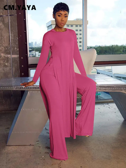 CM.YAYA Solid Classic Women's Set Long Sleeve High Slit X-long Tee Top Straight Pant Suit Tracksuit Fitness Two 2 Piece Outfits-belleandkai.com