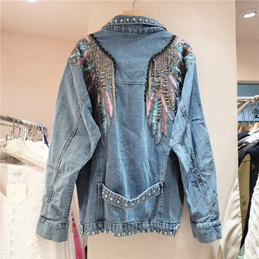 Harajuku Vintage Wings Embroidery Chain Tassel Denim Jacket Women Blue Short Coat Casual Long Sleeve Spring New Chaqueta Mujer-belleandkai.com