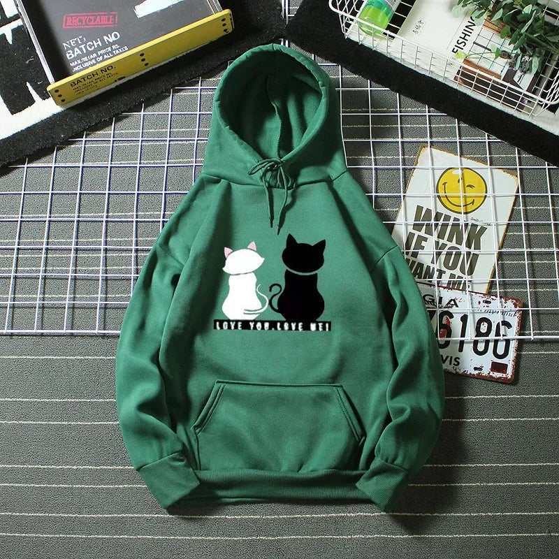 Women's Fleece Lined Hoodie Casual Cartoon Cat Print Oversize Loose Fit Autumn Winter Top Fashion Comfortable Streetwear-belleandkai.com