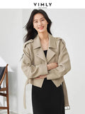 Vimly Light Khaki Crop Trench Coat Lapel Tie Belt Women's Windbreaker 2025 Spring Fashion Casual Loose Long Sleeve Jacket 16218-belleandkai.com