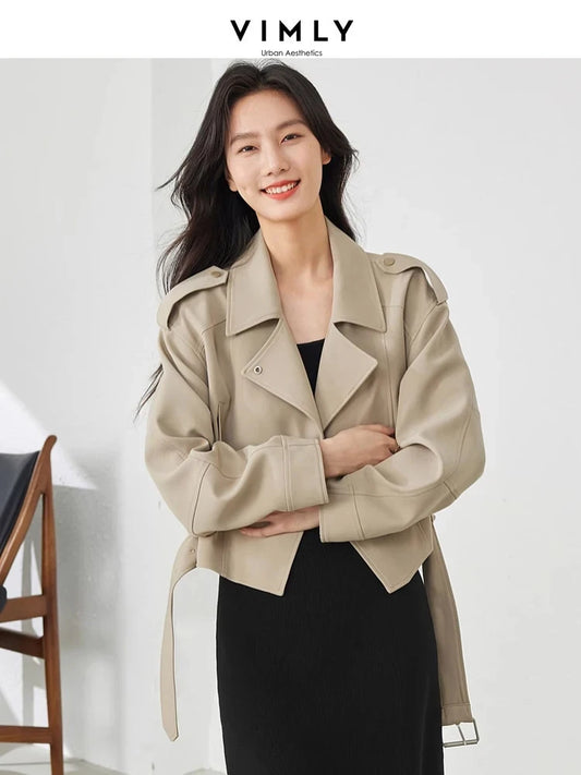 Vimly Light Khaki Crop Trench Coat Lapel Tie Belt Women's Windbreaker 2025 Spring Fashion Casual Loose Long Sleeve Jacket 16218-belleandkai.com