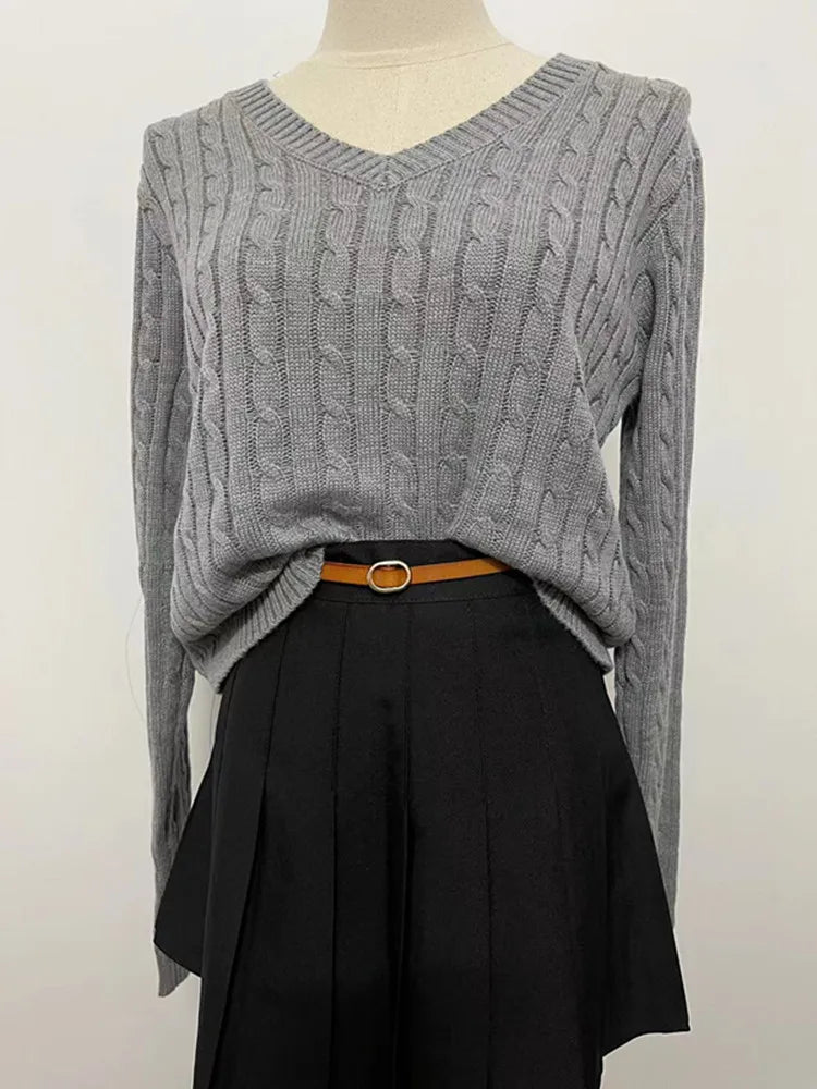 Brandy Mandy Women's V-Neck Long Sleeve Knit Sweater Casual Autumn Top Navy Crop Pullover for Girls-belleandkai.com