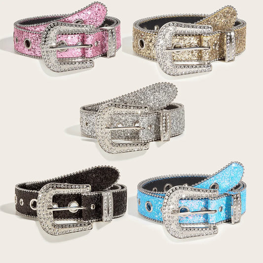 Stylish Rhinestone Western Cowgirl Style Y2K Belt Sparking Pu Leather BB Belts Jeans Dress Accessories For Women-belleandkai.com