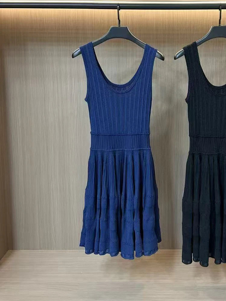 U collar Slim knit short dress temperament elegant hollow A-line women's dresses 2025 Spring New-belleandkai.com