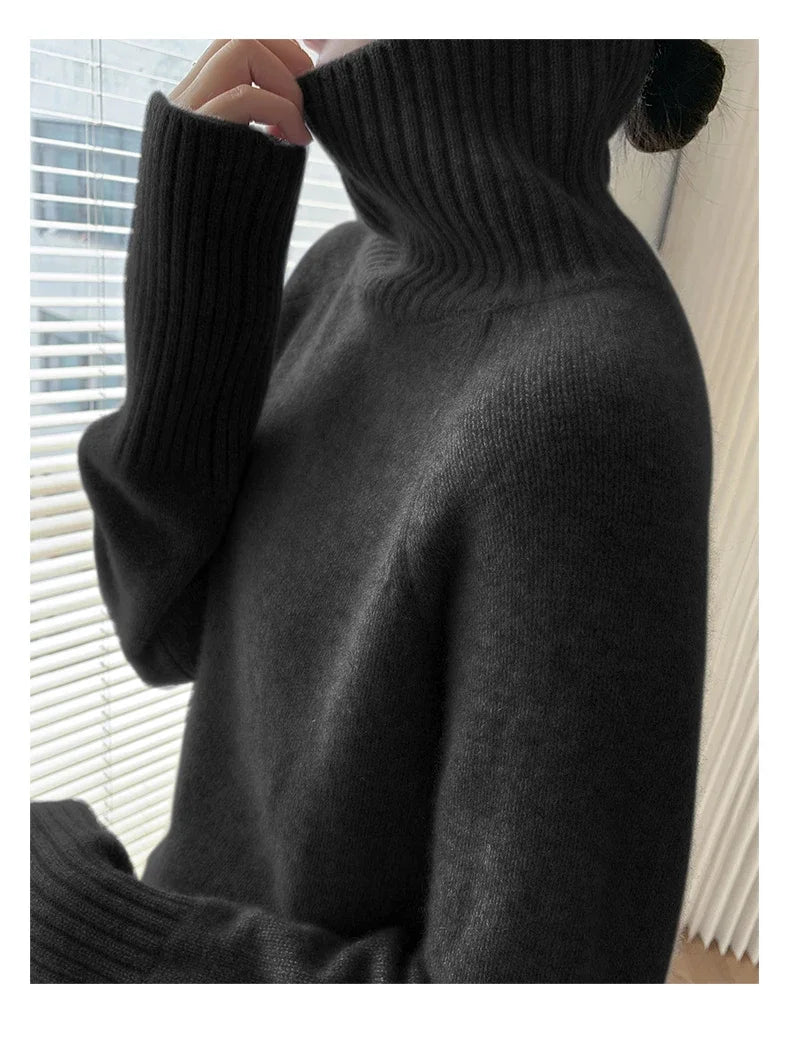 Women's Turtleneck Cashmere Sweater Loose Thickened Pullover Korean Style Lazy Wind Heavy for Autumn Winter-belleandkai.com