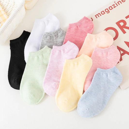 10 Pairs of Colored Cotton WOMEN'S Short Socks, Ankle Breathable Mesh Sports Socks, Summer Casual Solid Color Boat Socks-belleandkai.com