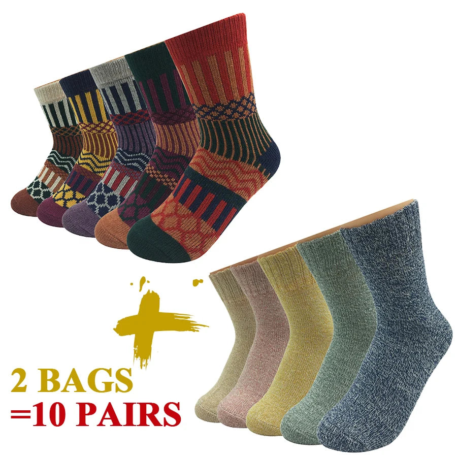 5 Pairs/Lot Wool Socks Women Winter Japanese Harajuku  Bohemian Cashmere Warm Colorful Socks Ladies Girl Christmas Gift 5 Styles-belleandkai.com