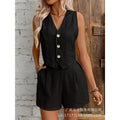 New Arrival Linen Summer Casual Commute Front Button Vest And Shorts Set V Neck Vest Autumn Clothing Women's Fashion Outfit-belleandkai.com