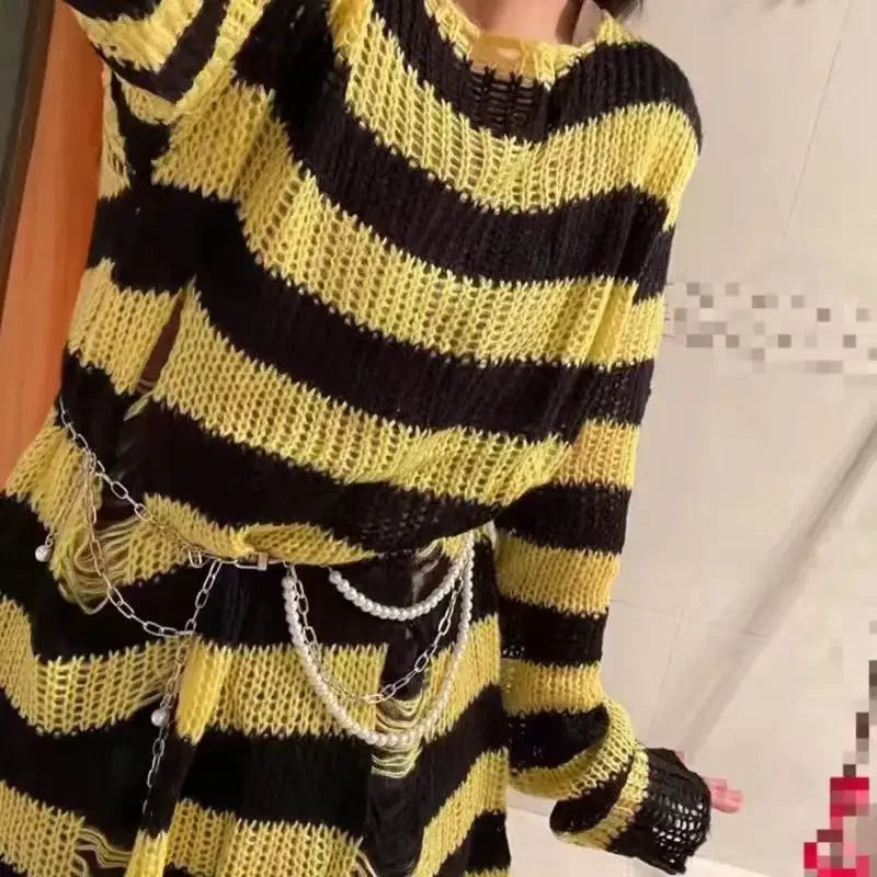 New Streetwear Top Punk Gothic Long Unisex Sweater Summer Women Striped Cool Hollow Out Hole Broken Jumper Loose Rock Thin Dark-belleandkai.com
