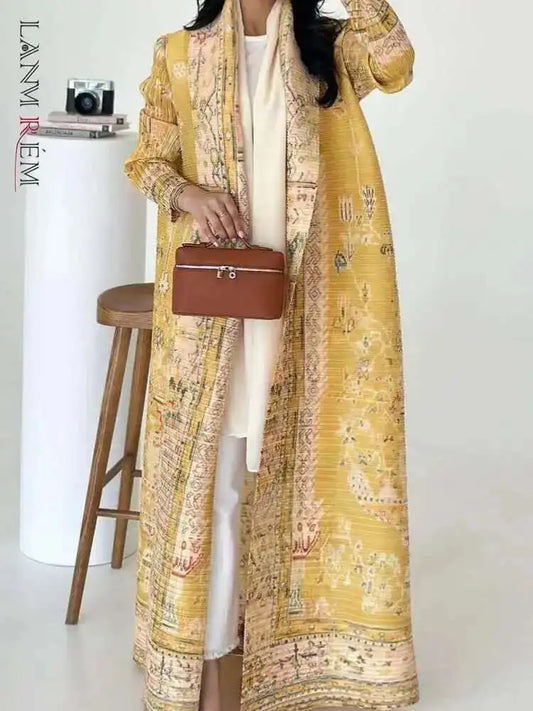 LANMREM Women's Elegant Pleated Printed Trench Coat Lapel Long Sleeve Loose Temperament Cardigan Robe Fashion 2025 New 2DE759-belleandkai.com