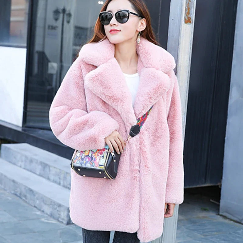 Winter Furry Coat Hairy Woman Jacket Thick Rabbit Fur Coat Female Plush Overcoat Comfort Fur Coat-belleandkai.com