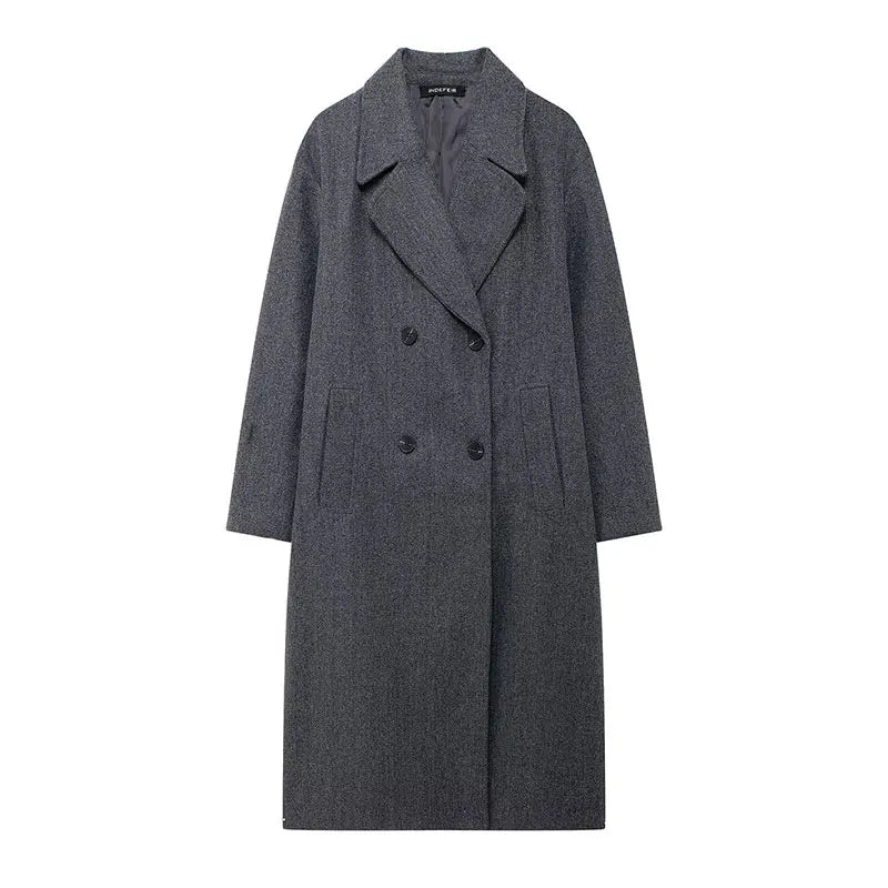 TRAFZA Winter Coat For Women 2024 Solid Lapel Double Breasted Long Cardigan Top Female Pokcet Streetwear Woman New In OuterCoat-belleandkai.com
