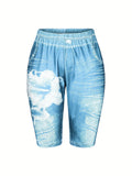 3-Piece Set Of Lily Flowers New Fashionable Denim Inspired Slim Fitting Shorts Women's Casual Leggings High Elasticity-belleandkai.com