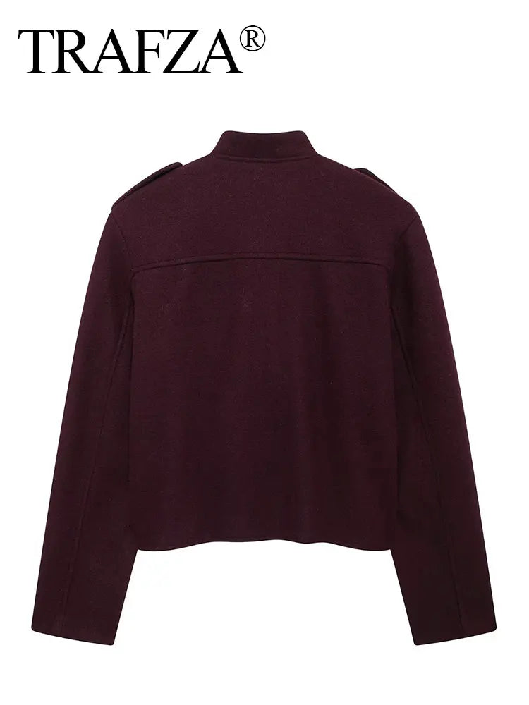 Women Vintage Wine Red Coat O Neck Long Sleeve Single Breasted Jacket With Pockets Autumn Casual Office Lady Outerwear-belleandkai.com