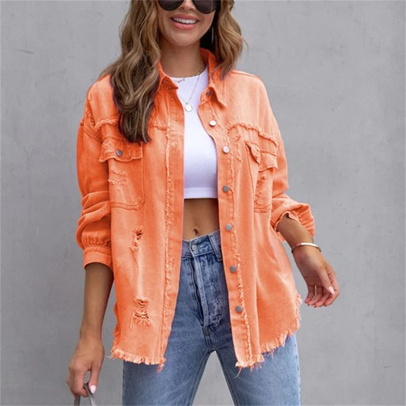 Fashion Broken Holes Solid Color Denim Jacket Ladies Comfortable Casual Loose Button Cardigan Coat Streetwear Women's Outerwear-belleandkai.com