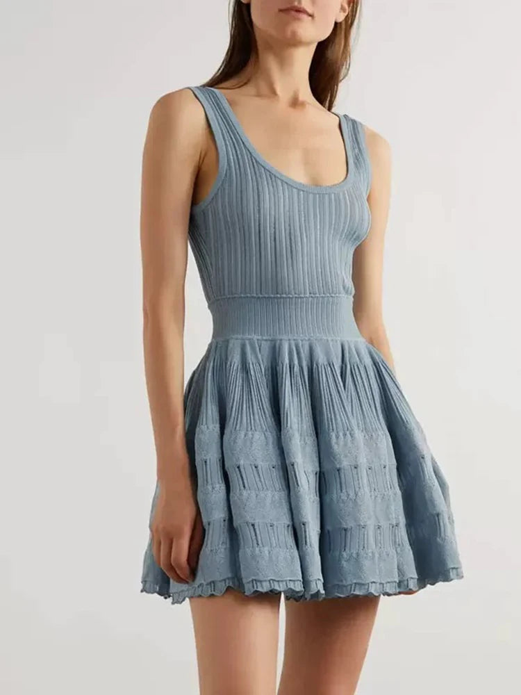 U collar Slim knit short dress temperament elegant hollow A-line women's dresses 2025 Spring New-belleandkai.com
