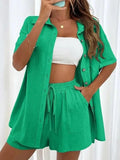 2024 Summer Fashion Sports Casual Cotton Linen Two Piece Set for Women's Single Breasted Shirt Elastic Waist Short Two Piece Set-belleandkai.com