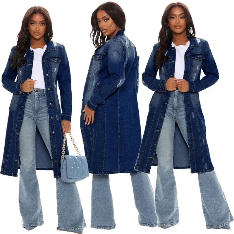 New Arrival Fashion Hole Cotton Autnmn Winter Long Denim Jacket 2023 Trench Coat Cardigan Jeans Cape Women Long Sleeve Jean Coat-belleandkai.com