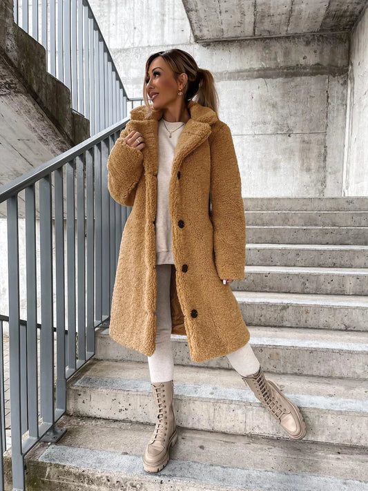 Autumn and winter cross-border women's clothing hot item: furry long sleeved lapel women's plush top long coat-belleandkai.com