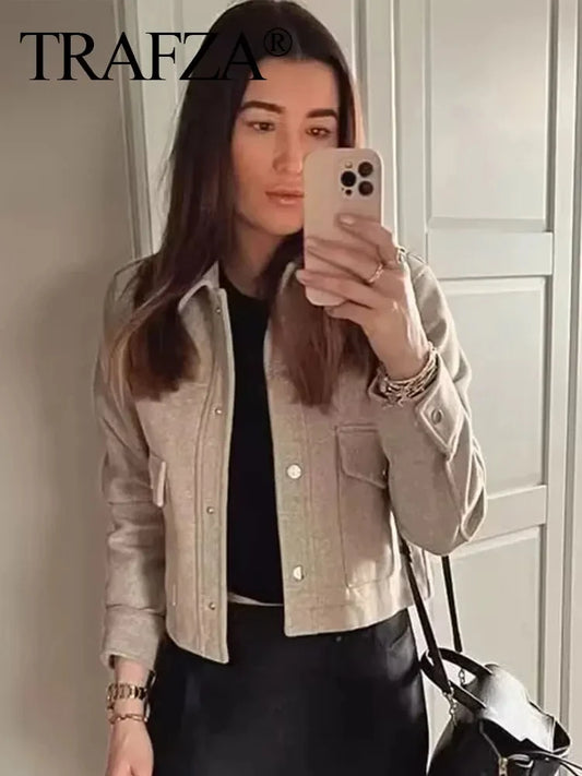 TRAFZA 2024 Autumn Winter Female Street Fashion Solid Jackets Causal With Pockets Button Down Turn Down Collar Elegant Coats-belleandkai.com