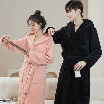 Bathrobe Woman Shower Couple Pyjamas Nightgown Women Homewear Hooded Men Winter Thickened Long Flannel Suit Easy to Clean Black-belleandkai.com