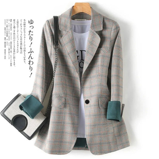 Gray Plaid Vintage Turn-Down Collar Single Button Long Sleeve Women's Jacket Korean Fashion Jackets Short Coat For Women 2024-belleandkai.com