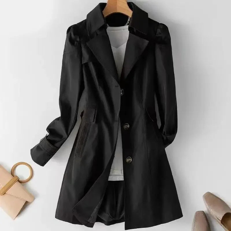 Slim Fit Long Coat Jacket Women's Casual Khaki Color Autumn Winter Outerwear Full Sleeve Chinese Brand Fashionable Windbreaker-belleandkai.com