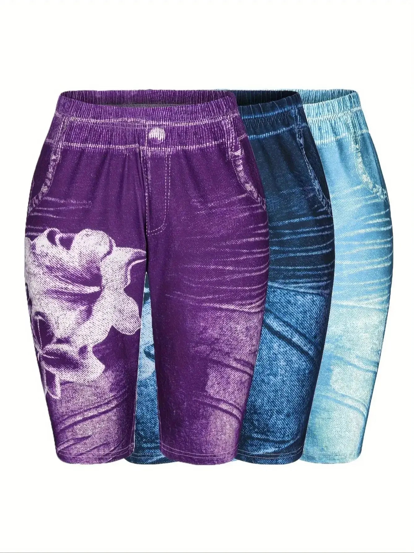3-Piece Set Of Lily Flowers New Fashionable Denim Inspired Slim Fitting Shorts Women's Casual Leggings High Elasticity-belleandkai.com