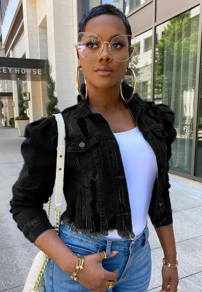 Fashion Bubble Long Sleeve Lapel Button Splicing Denim Jacket Female Broken Holes Tassel Outerwear Trend Streetwear Women's Coat-belleandkai.com