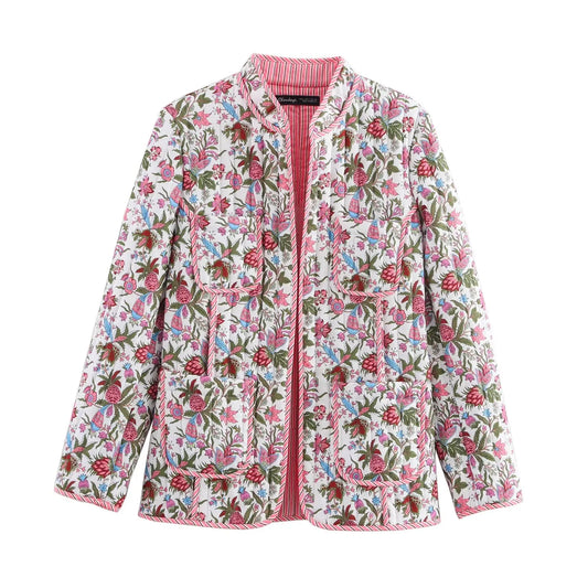 European and American style 2024 autumn new women's retro floral print stand collar long sleeve pocket decoration quilted cotton-belleandkai.com