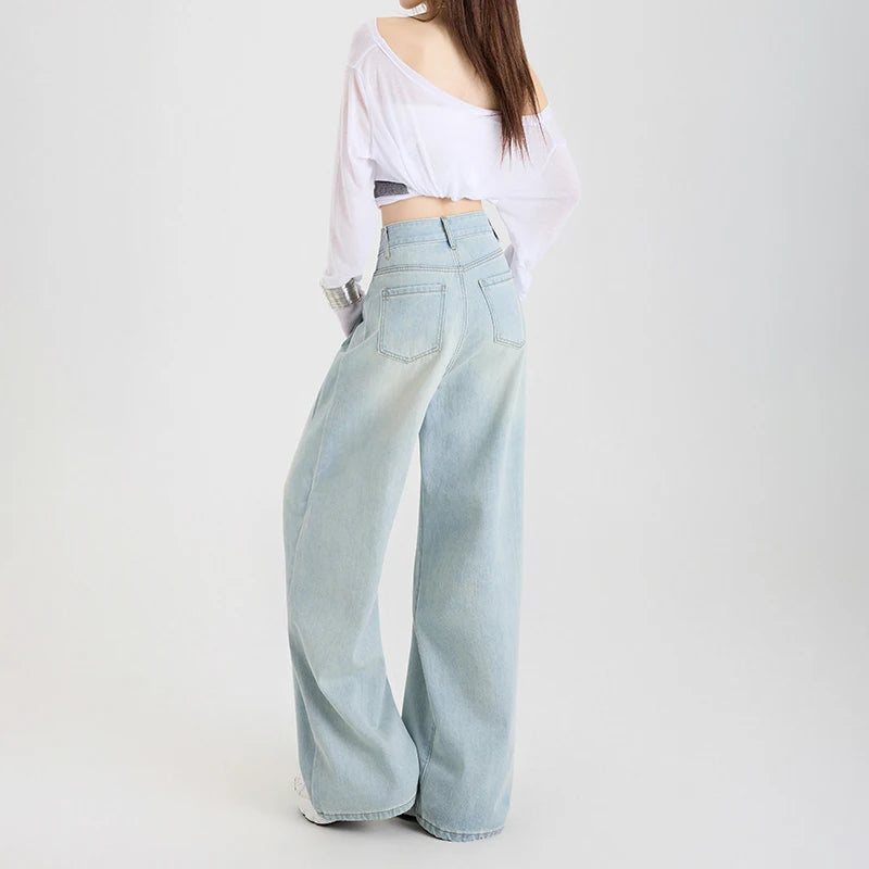 Woman Jeans High Waist Wide Leg Cotton Denim Clothing Design Sense Straight Pant Fashion Comfort White Retro Blue Casual Trouser-belleandkai.com