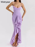 Wishyear Women Sexy Spaghetti Strap Ruffle Irregular Bodycon Long Dress Elegant Boho Beach Party Evening Prom Birthday Vestidos-belleandkai.com