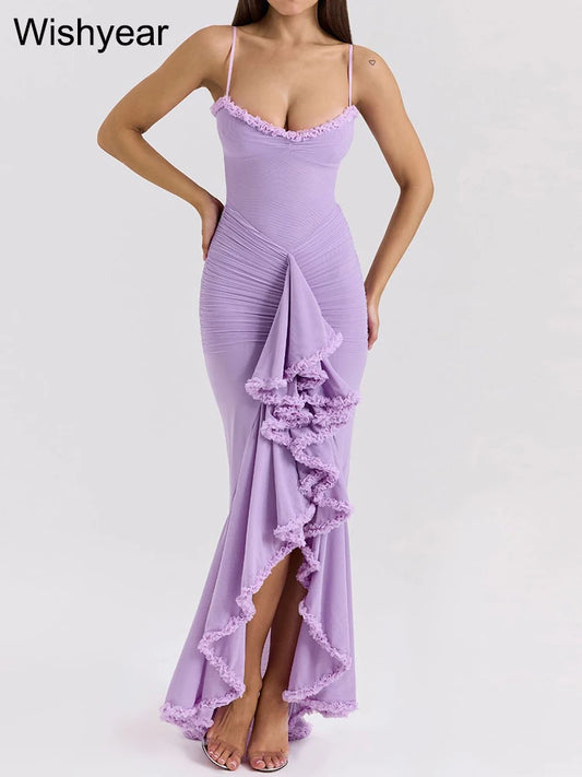 Wishyear Women Sexy Spaghetti Strap Ruffle Irregular Bodycon Long Dress Elegant Boho Beach Party Evening Prom Birthday Vestidos-belleandkai.com