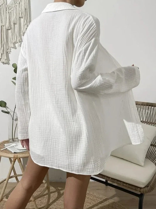 100% Cotton Gauze Muslin Sets For Women 2 Pieces Long Sleeve Shirts And Loose High Waist Mini Shorts Sets Ensemble Femme-belleandkai.com