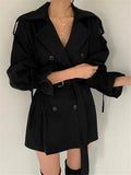 REALEFT 2023 New Autumn Winter Khaki Minimalist Women's Trench Coat Sashes Windbreaker Loose Flare Sleeve Double Breasted Trench-belleandkai.com