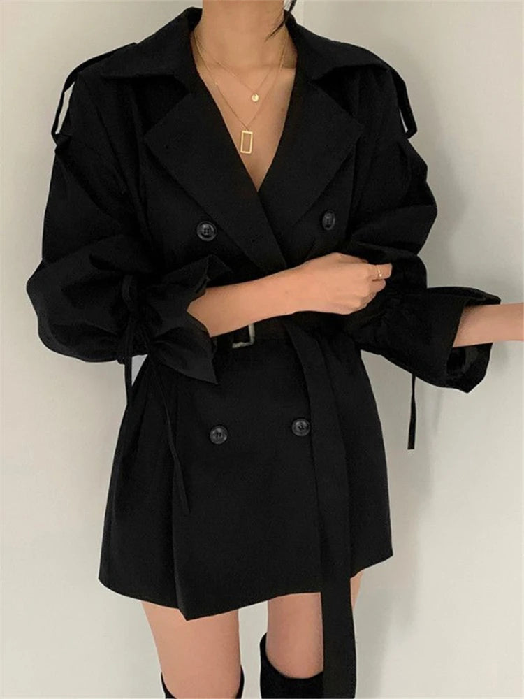 REALEFT 2023 New Autumn Winter Khaki Minimalist Women's Trench Coat Sashes Windbreaker Loose Flare Sleeve Double Breasted Trench-belleandkai.com