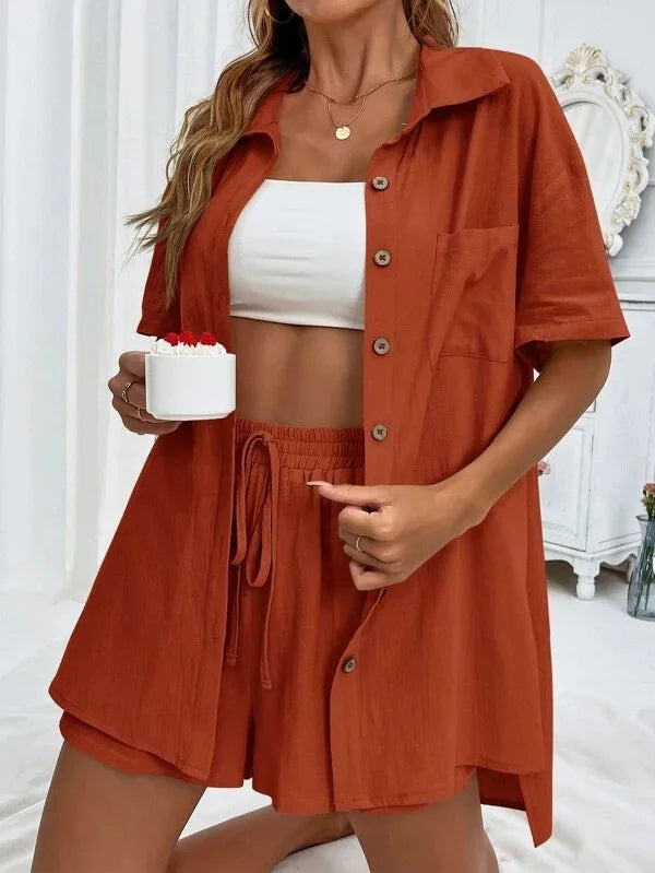 Long Sleeve Single breasted Top Broad legged Shorts Set Fashion Ladies Sexy Solid Suits 2024 Summer 2 Piece Outfits For Women-belleandkai.com