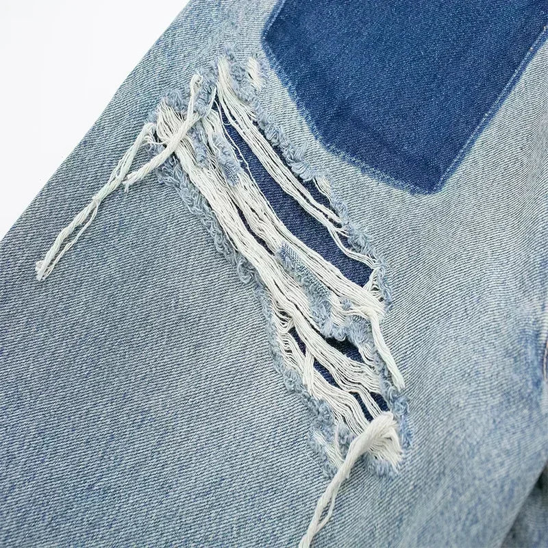 Women's Fashion Jeans Solid Colour Loose Trousers Gradient Colour Casual Streetwear Pant Broken Holes Decorated Jeans-belleandkai.com