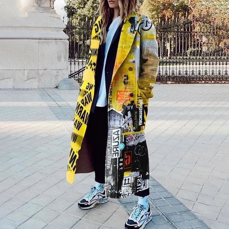 2025 Spring Autumn Lapel Wool Blends Coat Loose Mid-length Cartoon Character Printing Leisure Coat Fashion Women's LHX3548-belleandkai.com