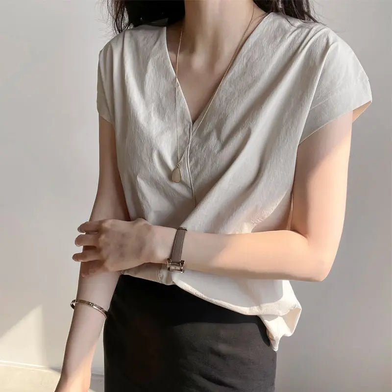Shirts & Blouses For Women Half Sleeve Summer Loose Button Up Woman Top V Neck Simple Cheap Stylish Offer Aesthetic Hot Xl S Xxl-belleandkai.com