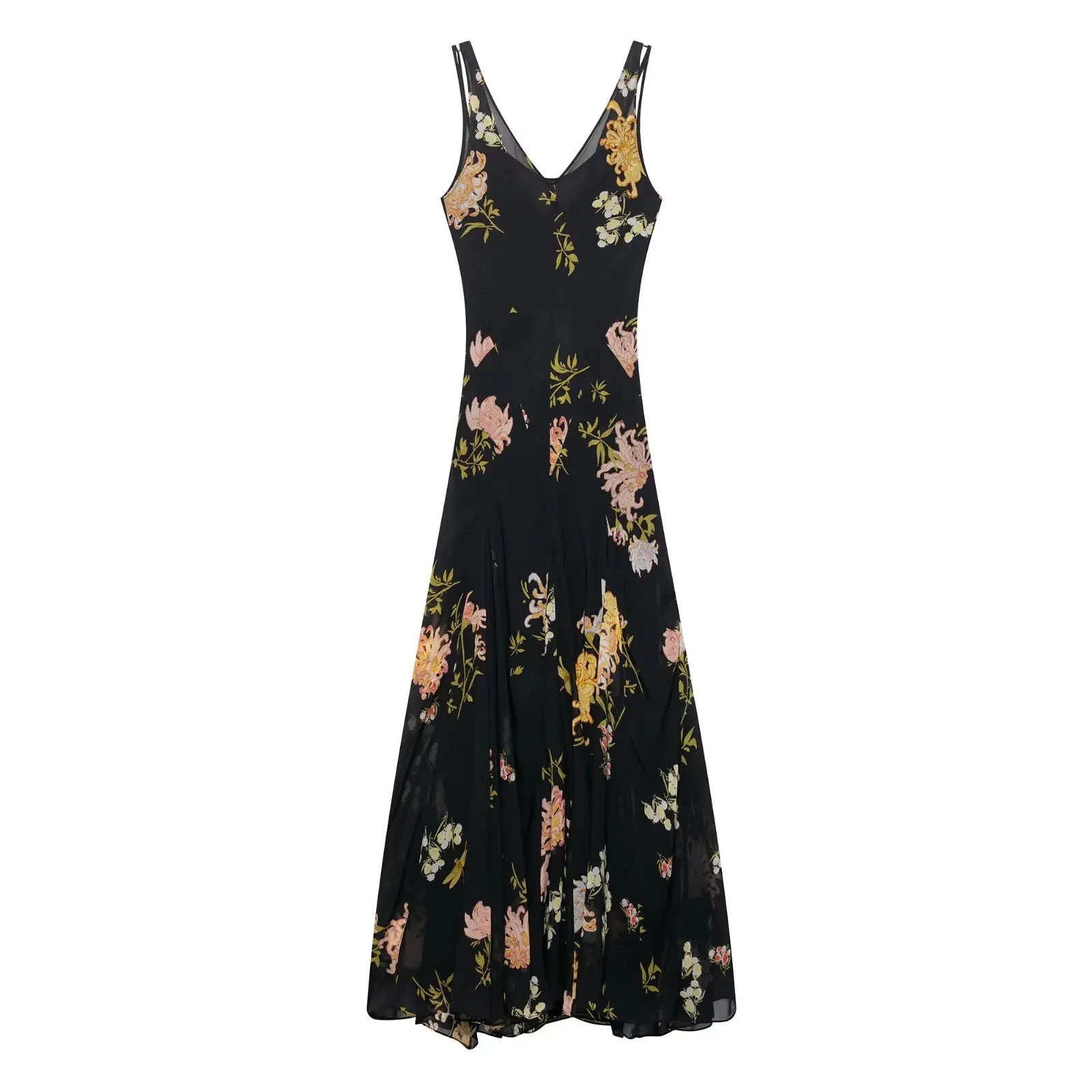 European style new women's fashion versatile temperament suspender print sleeveless v-neck long dress-belleandkai.com