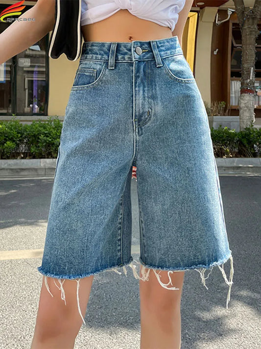 DFRCAEG 2025 Summer Jean Shorts Women Street Wear High Waist Burrs Wide Leg Half Length Bermuda Denim Shorts Woman Hot Sale-belleandkai.com