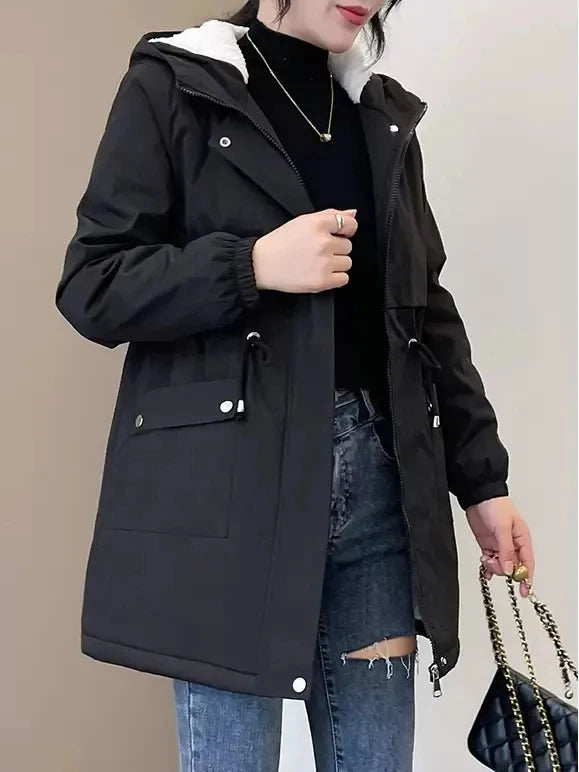 Women Windbreaker Jackets 2025 New Autumn Winter Mid-Length Loose Coat Hooded Lace-up Female Jacket Plus Velvet Warm Outwear Fe-belleandkai.com