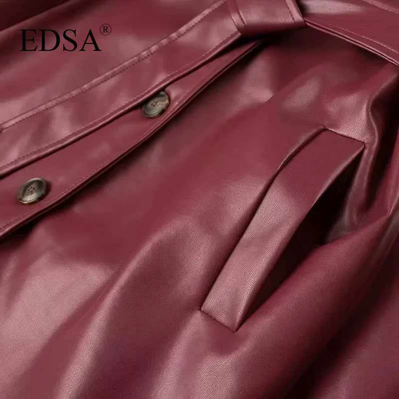 EDSA Women Luxury Faux Leather Jacket Coat with Belt for Autumn Winter Loose Long Windbreaker Trench Vintage Outerwear-belleandkai.com
