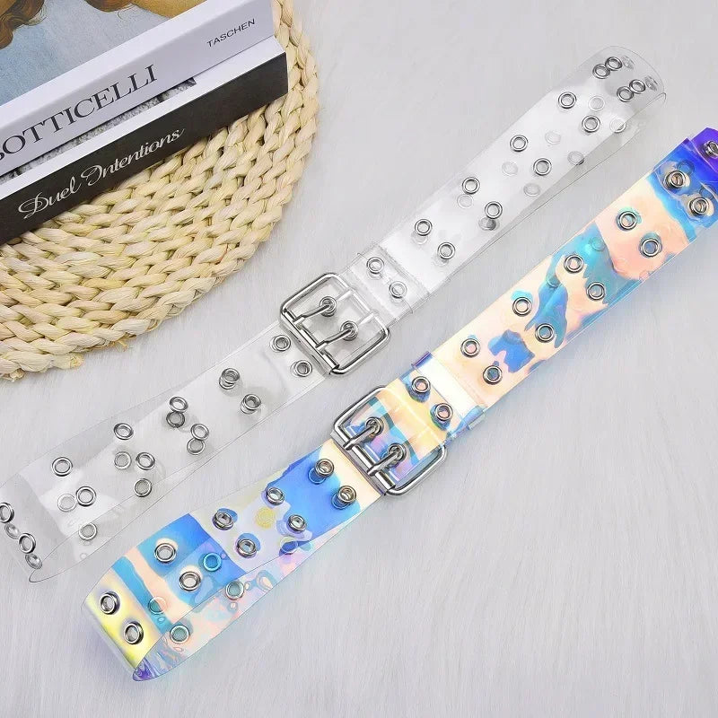 Women Summer Fashion Creative Gifts Waistband Transparent Two Row PVC Belt Laser Invisible Square Pin Buckle Multi Hole Belts-belleandkai.com