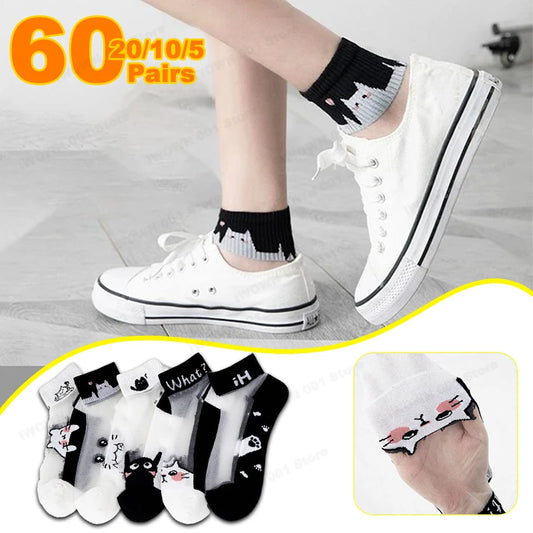 5 Pairs/lot of Womens Slass Filament Fiber Spring and Summer Thin Transparent Black Cat Socks Polyester Breathable Sock Sole-belleandkai.com