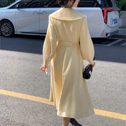 Fashion Women's Long Coats Winter New Outerwear Lapel Double Breasted Lantern Sleeve Solid Vintage Chic Woolen Overcoats-belleandkai.com