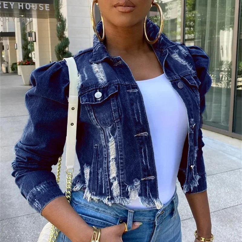 Fashion Bubble Long Sleeve Lapel Button Splicing Denim Jacket Female Broken Holes Tassel Outerwear Trend Streetwear Women's Coat-belleandkai.com