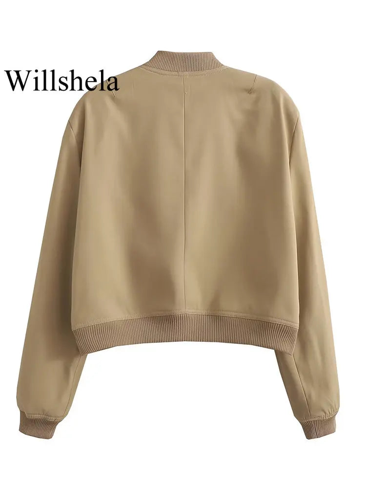 Willshela Women Fashion Solid Bomber Jackets Coat With Pockets V-Neck Single Breasted Long Sleeves Female Chic Lady Outfits-belleandkai.com